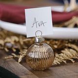 Gold ribbed glass bauble place card holders, 4cm each, perfect for elegant dining and celebrations, eco-friendly design.