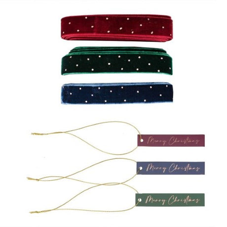 Elegant Velvet Luxe Gift Tags and Ribbons in navy, green, and red with gold accents, perfect for festive gift wrapping.