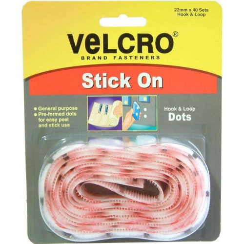 VELCRO® Handy Dots in white, 22mm, pack of 40, ideal for attaching lightweight items without damage or mess.