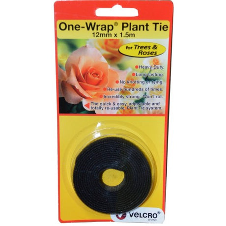 Heavy-duty black VELCRO® tree and shrub ties, 12mm wide and 1500mm long, designed for securely supporting plants without damage.