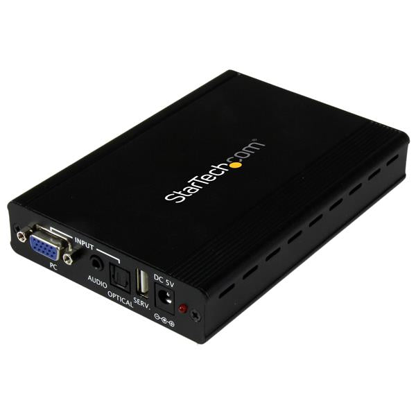 VGA to HDMI scaler converting resolutions up to 1920x1200, enabling legacy VGA devices to connect to modern HDMI displays.