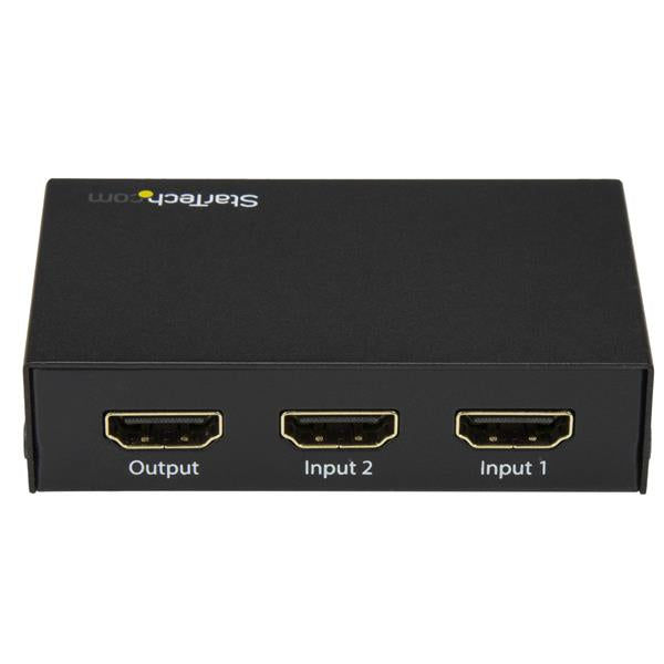 2-Port HDMI switch for seamless 4K 60Hz video sharing between two devices, featuring automatic switching and HDR support.