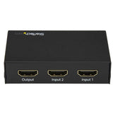 2-Port HDMI switch for seamless 4K 60Hz video sharing between two devices, featuring automatic switching and HDR support.