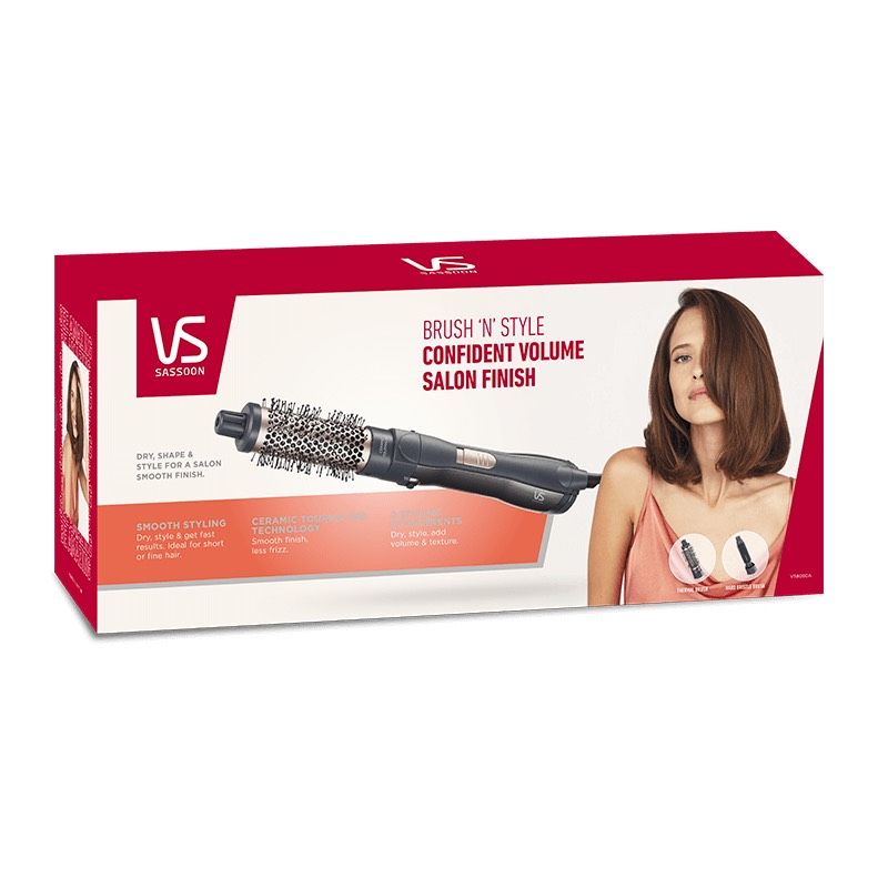 VS Sassoon Hot Air Brush 'N' Style, a powerful hairdryer and styling brush for effortless salon-quality results at home.