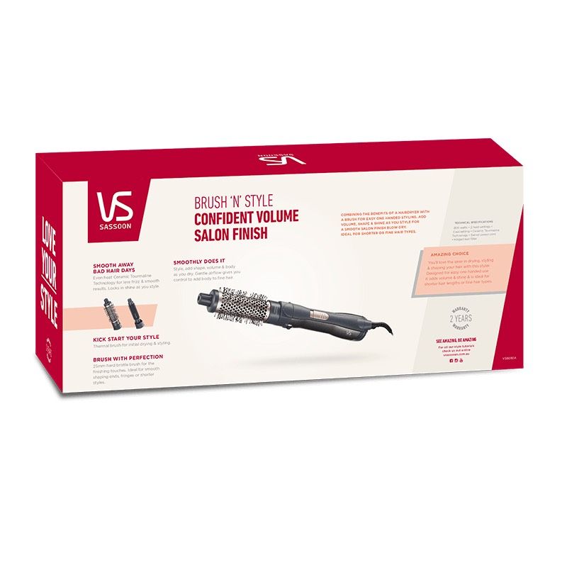 VS Sassoon Hot Air Brush 'N' Style, a versatile hairdryer and styler for easy, salon-quality volume and shine.