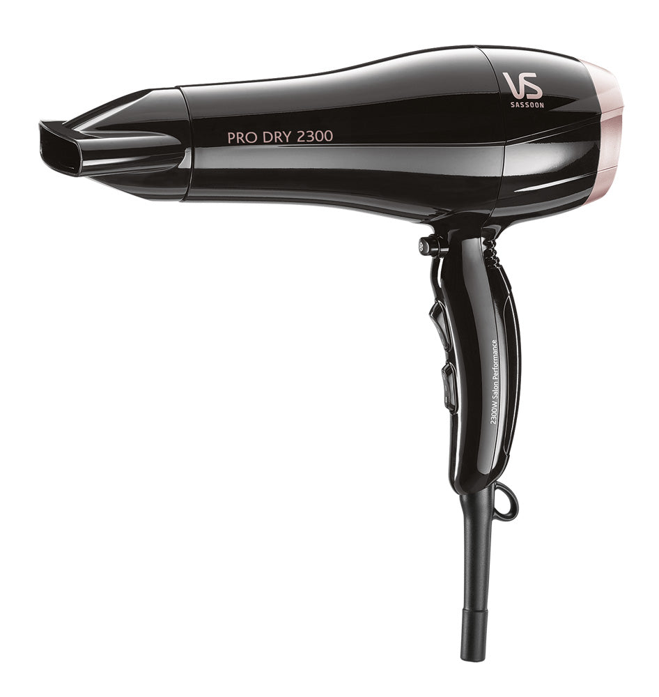 Lightweight VS Sassoon Pro Dry 2300W Hair Dryer with 3 heat settings and concentrator nozzle for precise styling and fast drying.