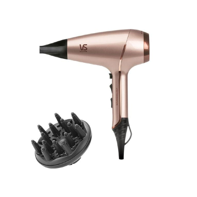 VS Sassoon Nourishology 2200 Hair Dryer featuring Micro-Infused Conditioning with Argan, Coconut, and Aloe Vera Oils for healthy hair.