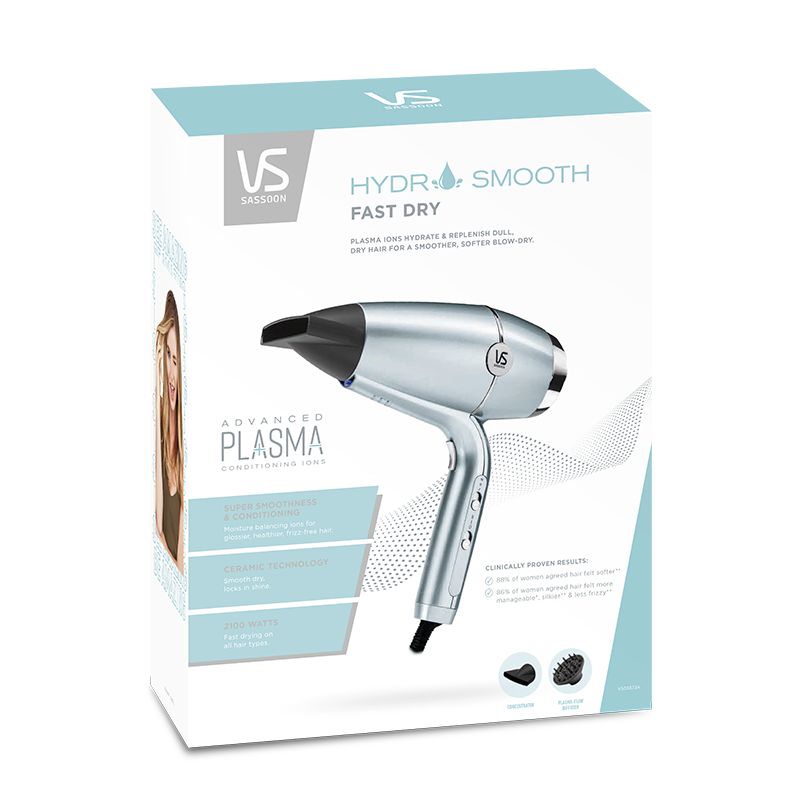 VS Sassoon Hydro Smooth Fast Dry Hair Dryer with 2100 watts, Advanced Plasma Conditioning Ions, and lightweight, efficient design.