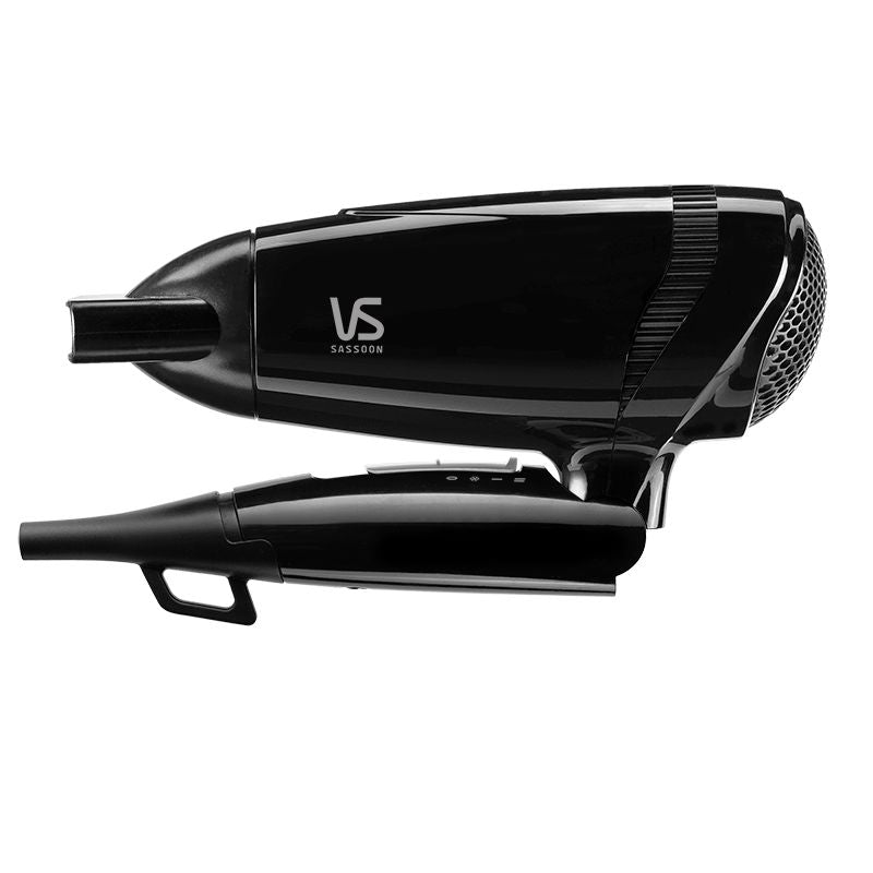 Compact VS Sassoon Traveller 2000 Hair Dryer with 2000 watts power, dual-voltage, and folding handle for travel convenience.