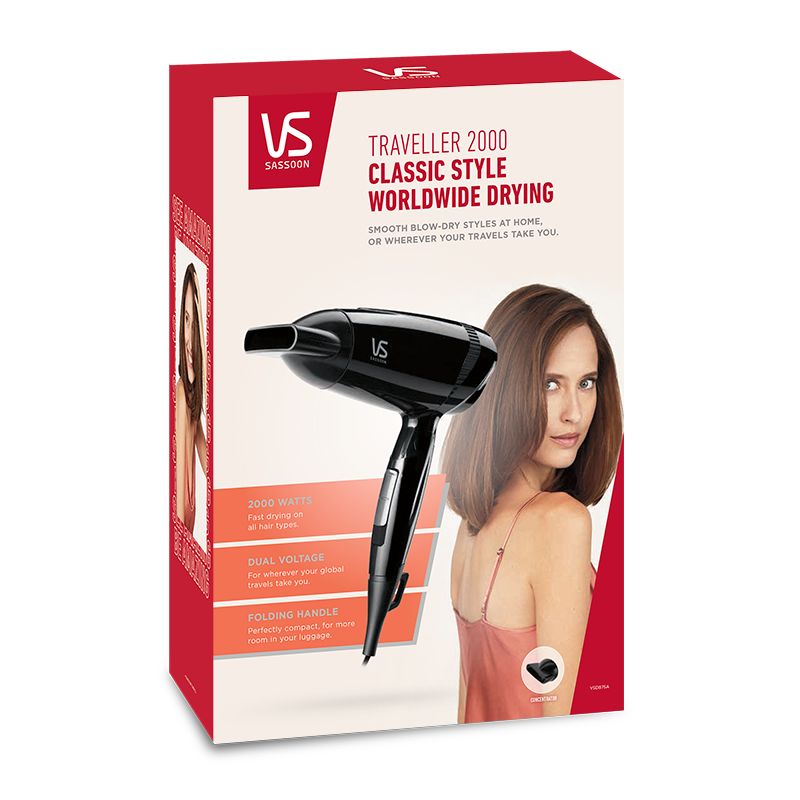 Compact VS Sassoon Traveller 2000 Hair Dryer with dual voltage, 2000 watts, and folding handle for easy travel styling.