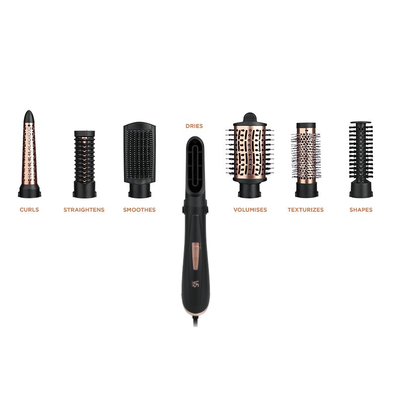 7-in-1 VS Sassoon Air Style Brilliance hair styler for effortless drying, curling, straightening, and volumizing with attachments.