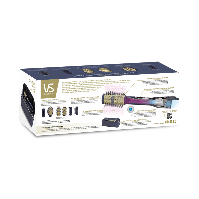 VS Sassoon Digital Sensor Luxe Air Styler with 6 attachments offering quiet styling, efficient drying, and professional results at home.