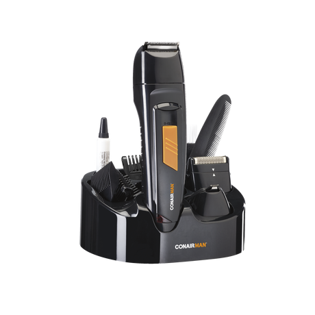 Hair Grooming Kit with 8-in-1 trimmer, 4 attachment heads, and charging stand for comprehensive face and body grooming.
