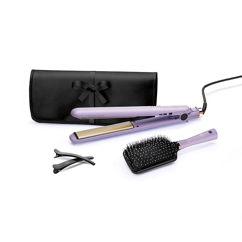 VS Sassoon Smooth Fusion Straightener with Argan, Coconut, and Aloe Vera oils for sleek, shiny hair and adjustable heat settings.