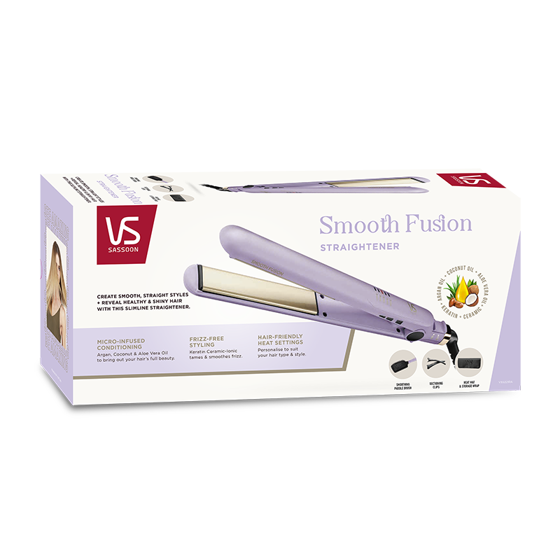 VS Sassoon Smooth Fusion Straightener features Argan, Coconut, and Aloe Vera oils for sleek, shiny hair with adjustable heat settings.