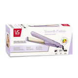 VS Sassoon Smooth Fusion Straightener features Argan, Coconut, and Aloe Vera oils for sleek, shiny hair with adjustable heat settings.