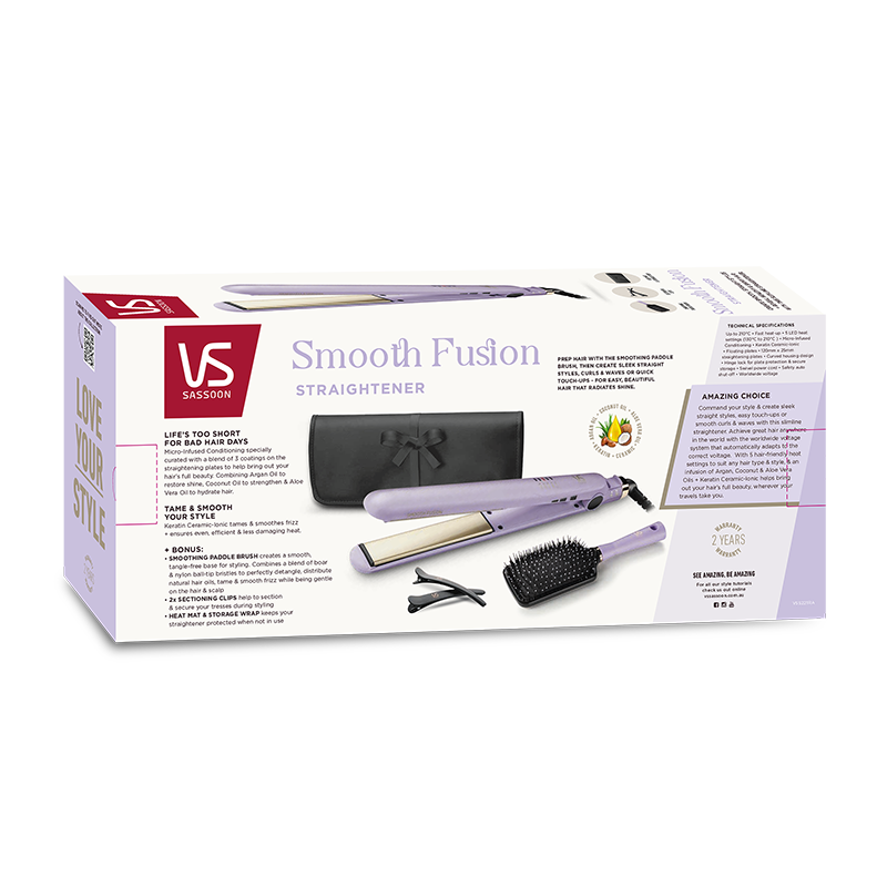 VS Sassoon Smooth Fusion Straightener with Argan, Coconut, and Aloe Vera oils for sleek, shiny hair and adjustable heat settings.