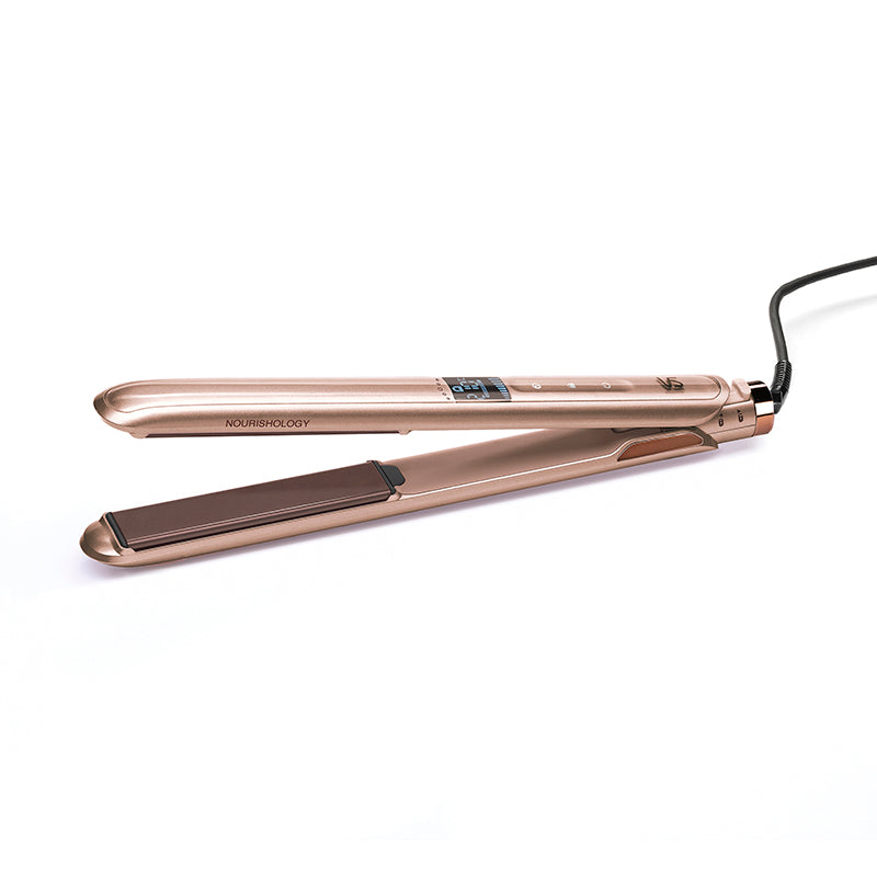 VS Sassoon Nourishology Smooth Straightener with Argan, Coconut, and Aloe Vera oils for shiny, healthy, and frizz-free hair.