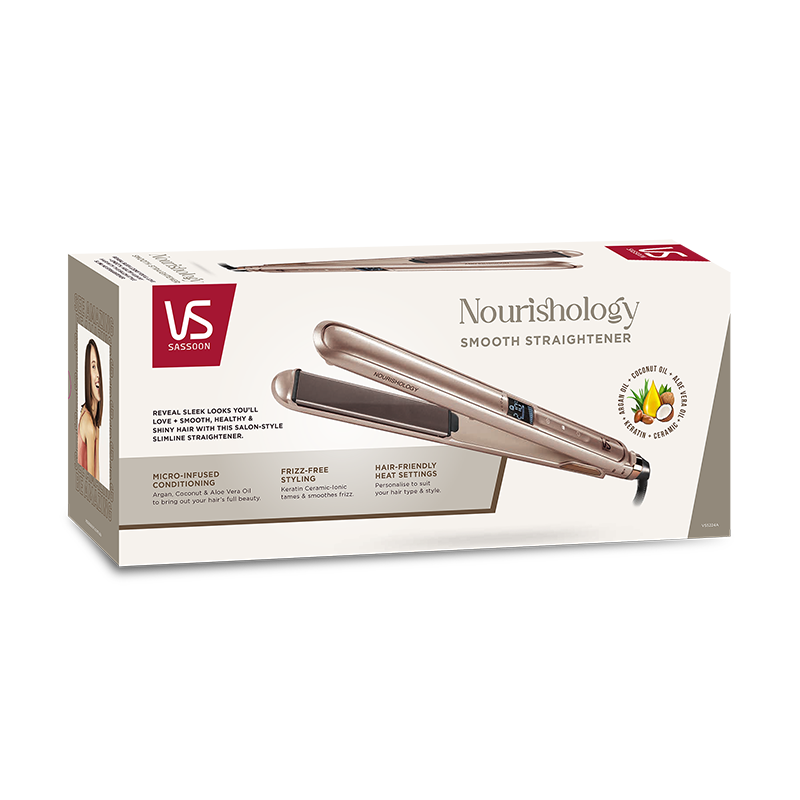 VS Sassoon Nourishology Smooth Straightener designed for sleek hair, featuring Micro-Infused Conditioning and adjustable heat settings.