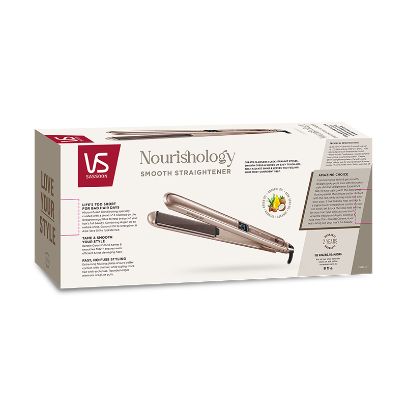 VS Sassoon Nourishology Smooth Straightener with Argan, Coconut, and Aloe Vera oils for sleek, shiny hair and customizable heat settings.