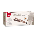 VS Sassoon Nourishology Smooth Straightener with Argan, Coconut, and Aloe Vera oils for sleek, shiny hair and customizable heat settings.