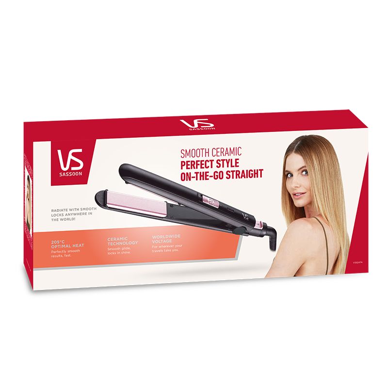 VS Sassoon Smooth Ceramic Straightener featuring 205°C heat, even ceramic technology, and lightweight design for sleek styling.