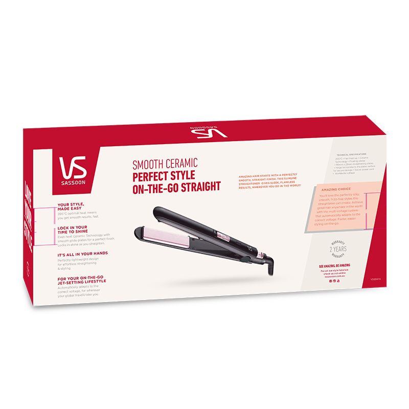 VS Sassoon Smooth Ceramic Straightener with Even Heat Technology, 205°C, lightweight design, and automatic voltage adjustment for travel.