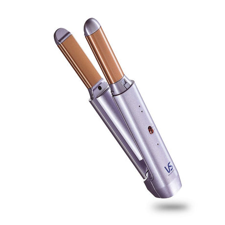 Compact cordless 2-in-1 straightener and curler with advanced ceramic technology, perfect for effortless styling on-the-go.