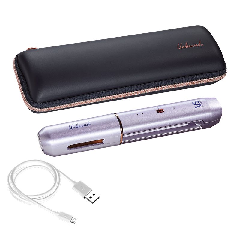 VS Sassoon Unbound Cordless 2-in-1 Straightener/Curler, a lightweight, rechargeable device for styling straight or curls effortlessly.