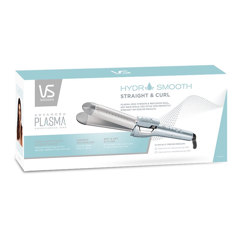 VS Sassoon Hydro Smooth Straightener/Curler, a versatile 2-in-1 tool for sleek or curly styles with advanced hair conditioning technology.