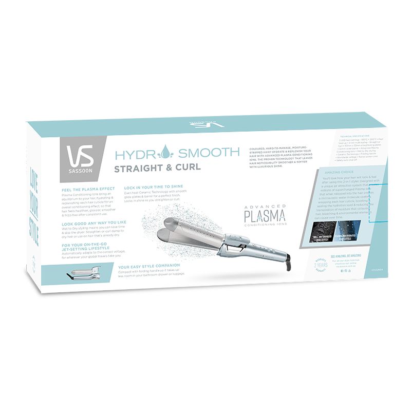 VS Sassoon Hydro Smooth 2-in-1 straightener/curler with Plasma Conditioning Ions, for glossy, frizz-free hair.