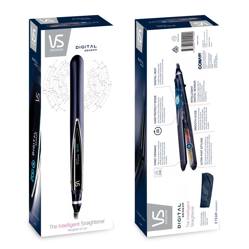 VS Sassoon Digital Sensor Intelligent Straightener with advanced heat control for frizz-free, shiny hair and customizable settings.