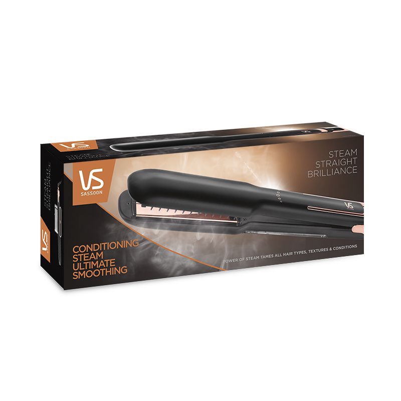 VS Sassoon Steam Straight Brilliance Hair Straightener with steam technology, max-wide titanium plates, and five heat settings for sleek styling.