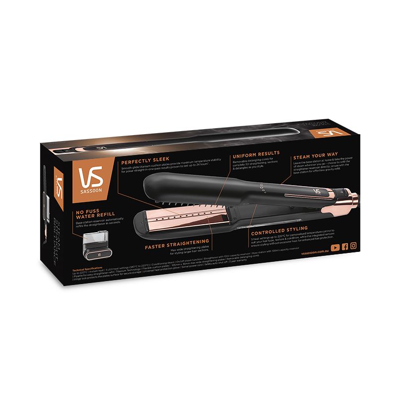 VS Sassoon Steam Straight Brilliance Hair Straightener with steam technology and titanium plates for sleek, fast styling.