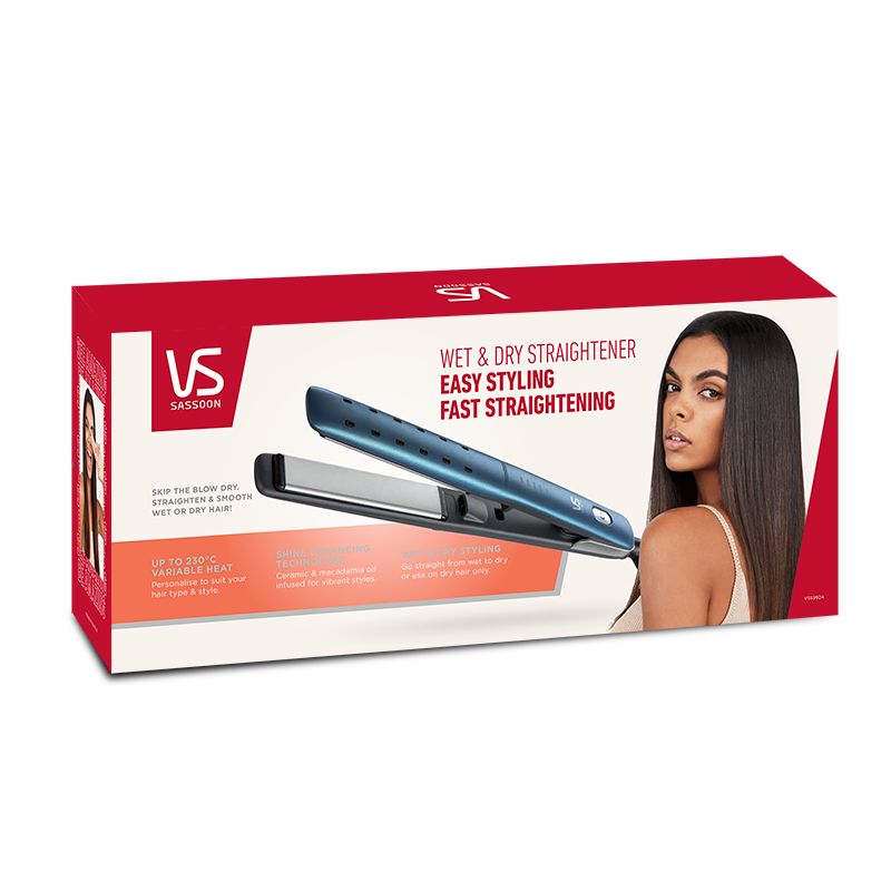 VS Sassoon Wet & Dry Hair Straightener with steam vents for quick styling, adjustable heat up to 230°C, and curved design for curls.