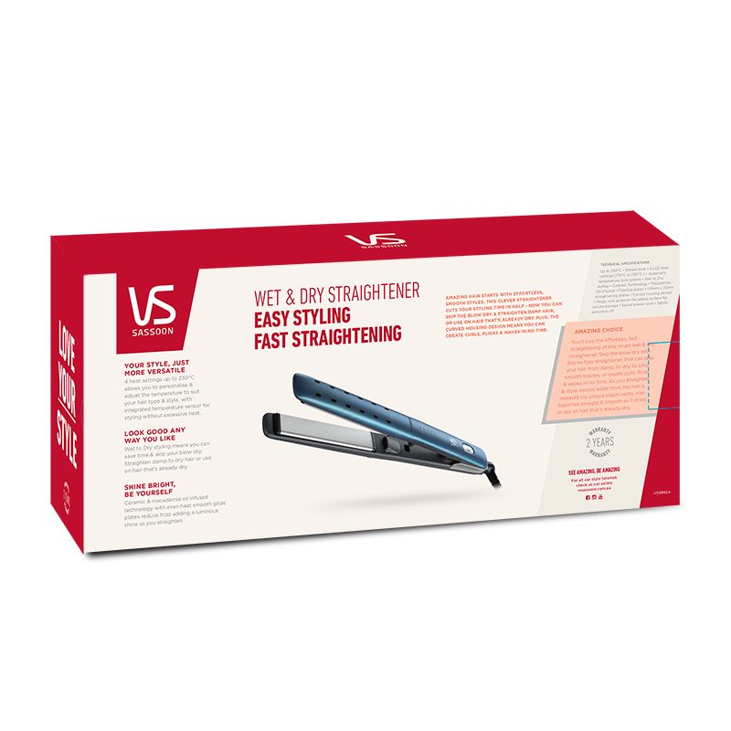 VS Sassoon Wet & Dry Hair Straightener, featuring Wet to Dry technology for versatile styling and frizz-reducing ceramic plates.