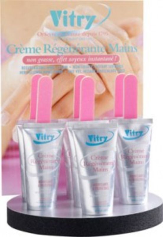 Luxurious Vitry Hand Cream 100ml with nail file display, deeply hydrates hands, absorbs quickly, perfect for dry skin care.