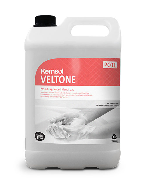 Veltone 5L Antimicrobial Hand Soap, a clear viscous liquid for effective, gentle hand hygiene in food service and sensitive environments.