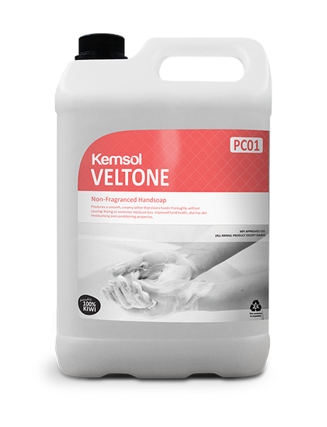 Veltone 5L Antimicrobial Hand Soap, a clear viscous liquid for effective, gentle hand hygiene in food service and sensitive environments.