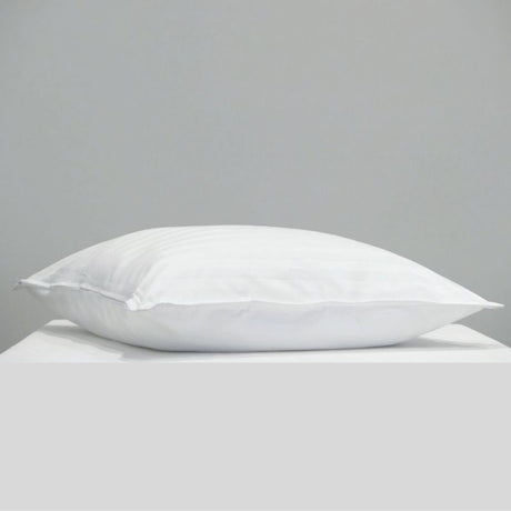 White Euro pillow protector with 20mm sateen stripe, 370 thread count, and durable zipper for enhanced pillow durability.