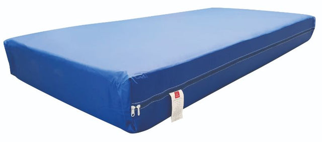 Single foam mattress with waterproof fire-retardant cover, ideal for camping and dorm use, featuring removable, washable cover.