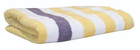 Weavers Striped Pool Towel in yellow and purple, 150cm, made from soft, absorbent 100% cotton; perfect for poolside lounging.