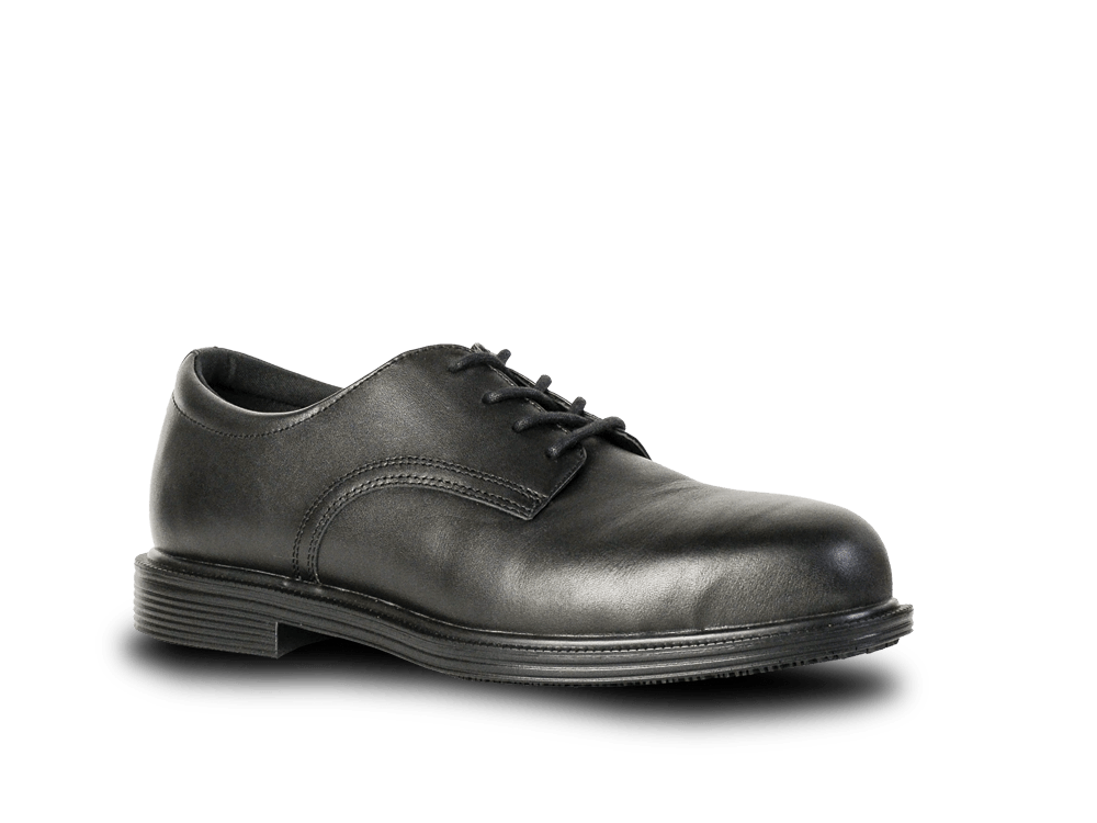 Black leather lace-up safety shoe with alloy toe, water-resistant upper, and slip-resistant PU-rubber sole, size 8.