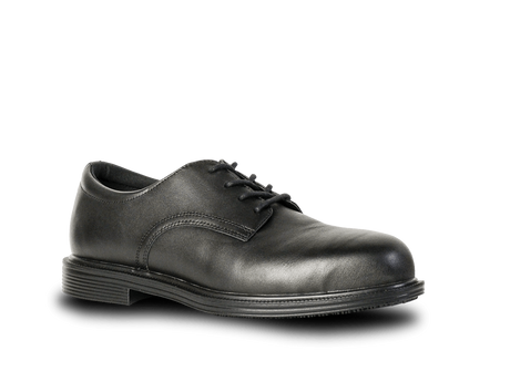 Black leather lace-up safety shoe with alloy toe, water-resistant upper, and slip-resistant PU-rubber sole, size 8.