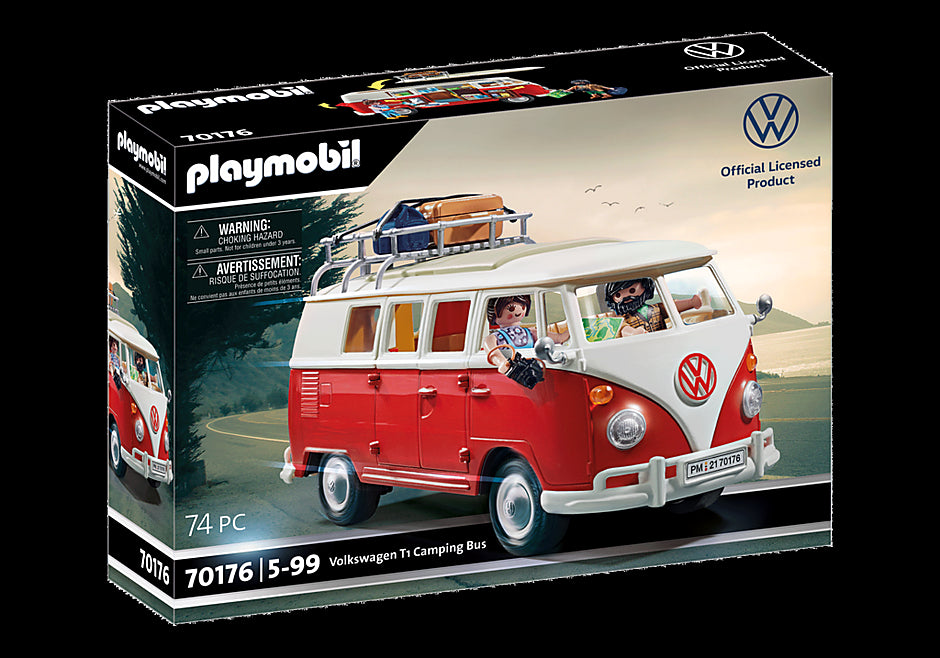 Playmobil Volkswagen T1 Camping Bus model in red and white with removable roof, detailed interior, and two figures for imaginative play.