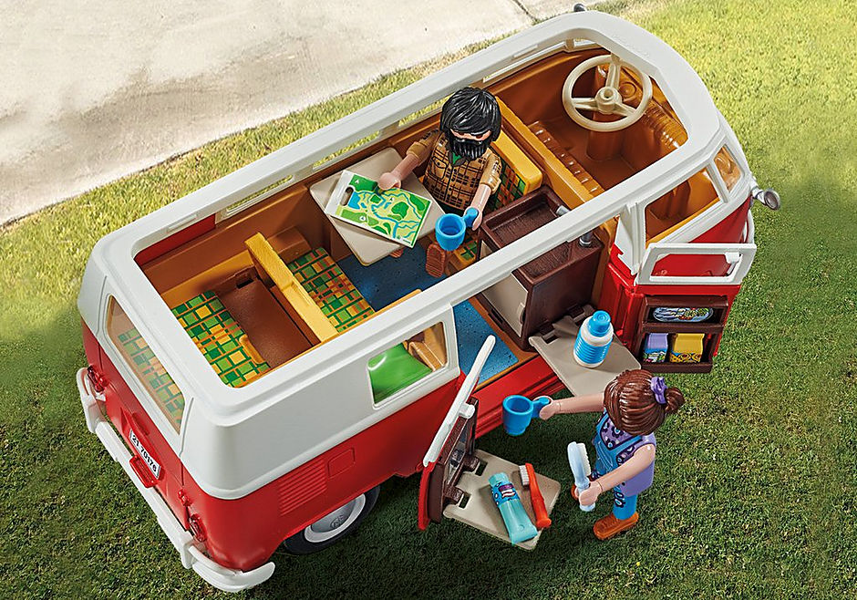Playmobil Volkswagen T1 Camping Bus with removable roof, detailed interior, and two figures for imaginative adventures.