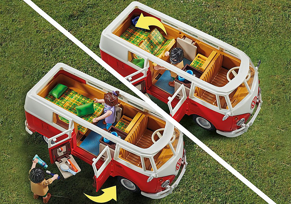 Playmobil Volkswagen T1 Camping Bus in red and white, featuring a detailed interior for imaginative camping adventures.