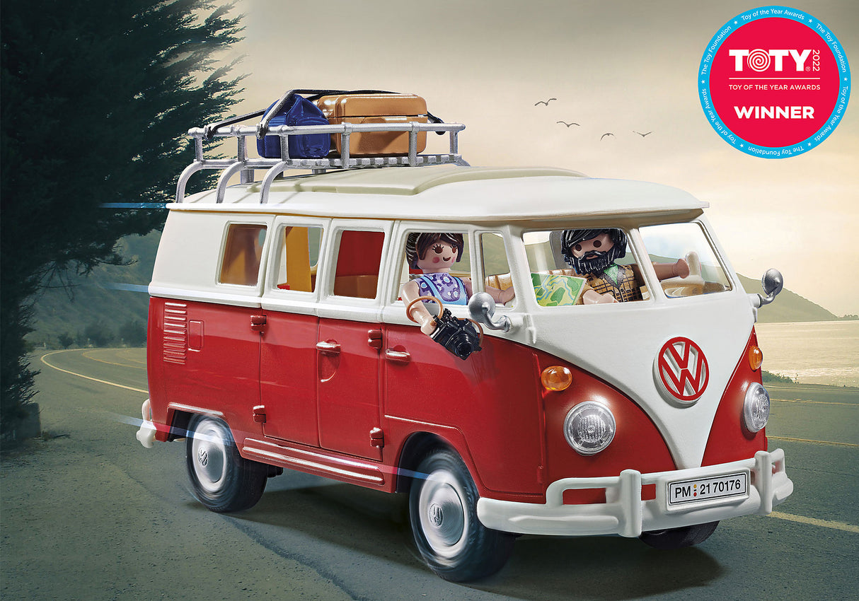 Playmobil Volkswagen T1 Camping Bus in red and white, featuring a detailed interior for imaginative camping adventures.