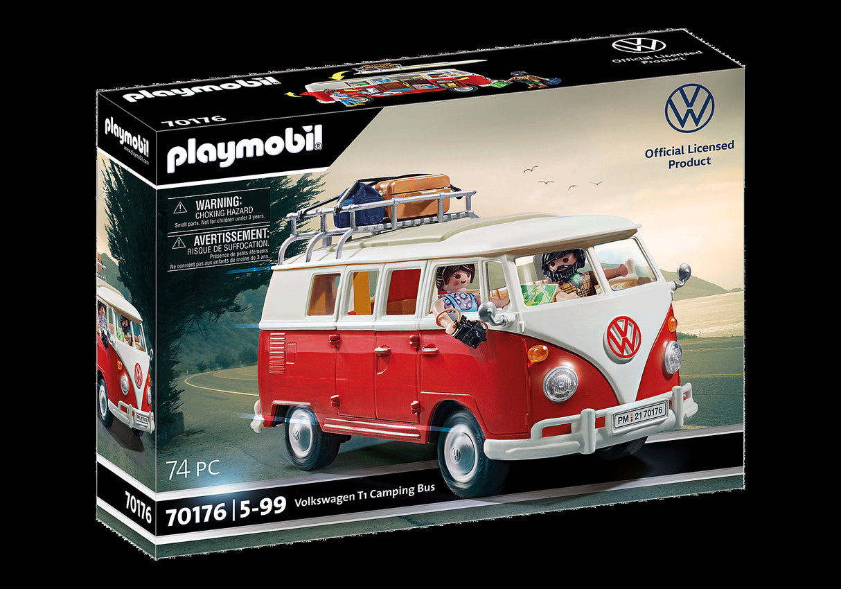 Playmobil Volkswagen T1 Camping Bus with removable roof, detailed interior, and two figures for imaginative play and adventures.