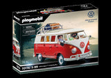 Playmobil Volkswagen T1 Camping Bus with removable roof, detailed interior, and two figures for imaginative play and adventures.